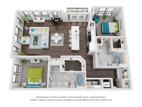 Floor plan for 2 beds, 2 baths, 1392 sqft